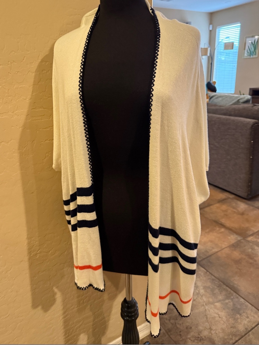 Marine Layer Open-Front Coverup with Navy Coral & Gold Stripes